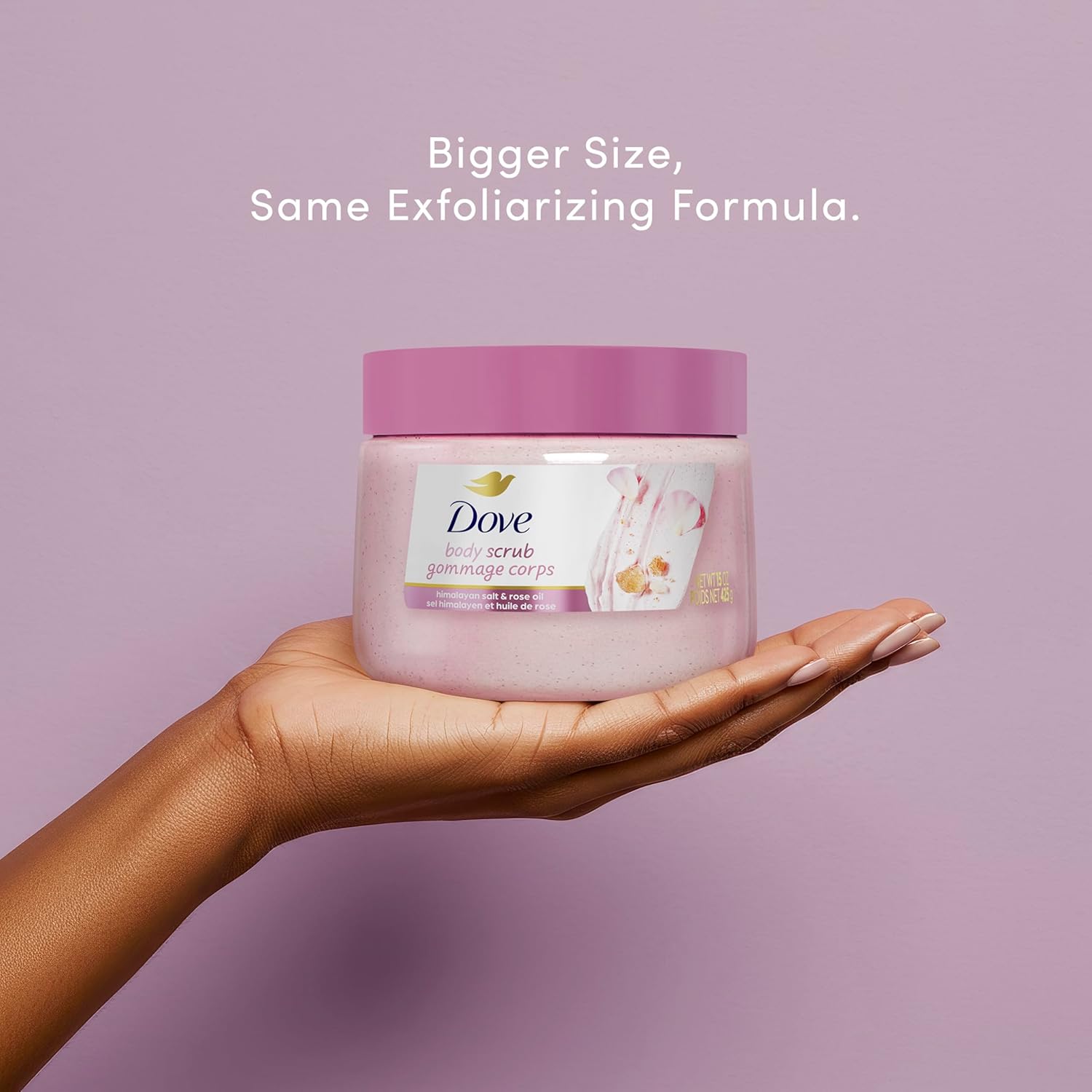 Dove Himalayan Salt and Rose Oil Body Scrub 425g exfoliating jar