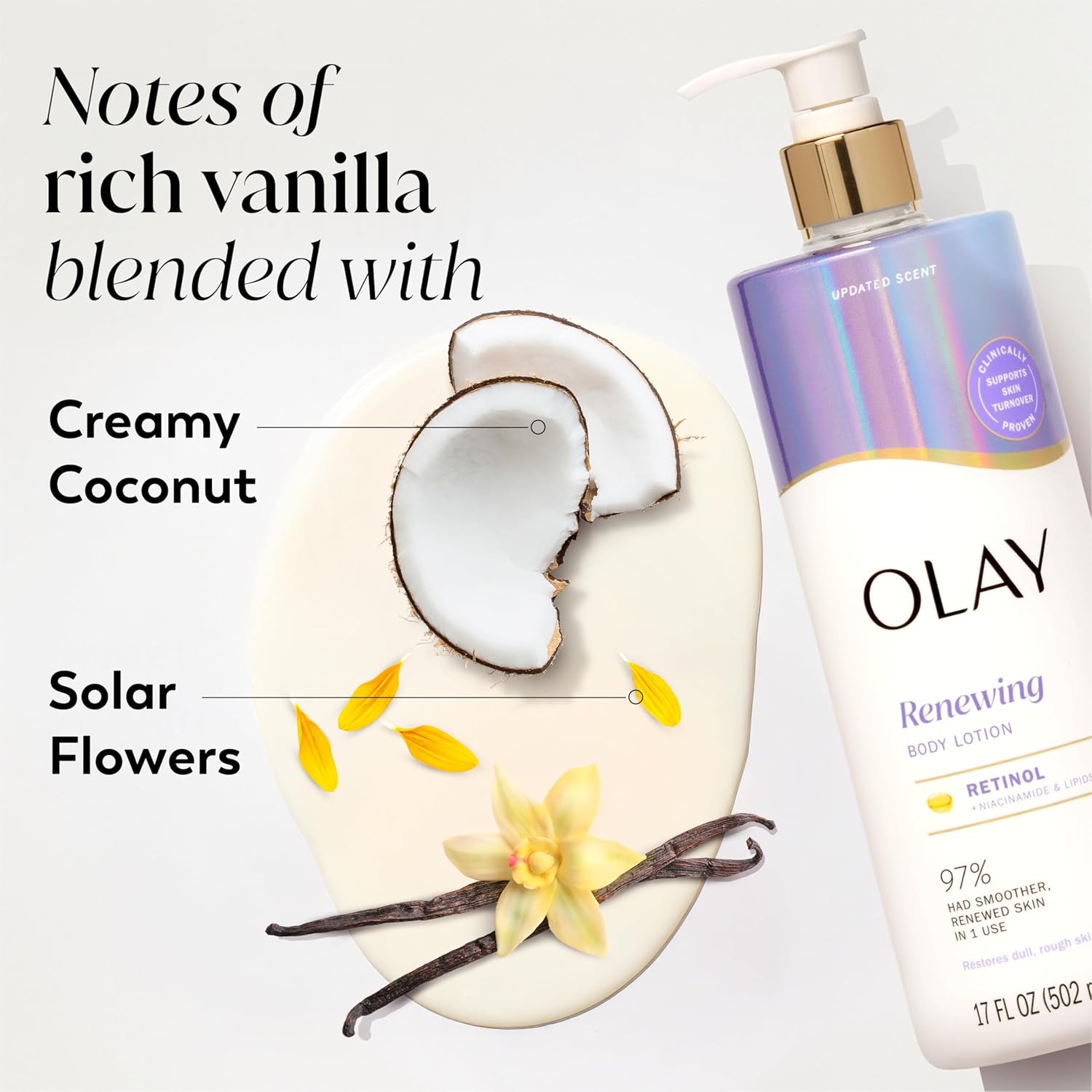 Olay Renewing Body Lotion with Retinol 502ml pump bottle, purple and white label