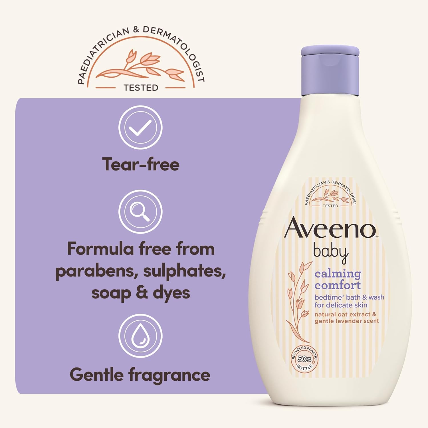 Aveeno Baby Calming Comfort Bedtime Bath & Wash 250ml bottle with purple cap