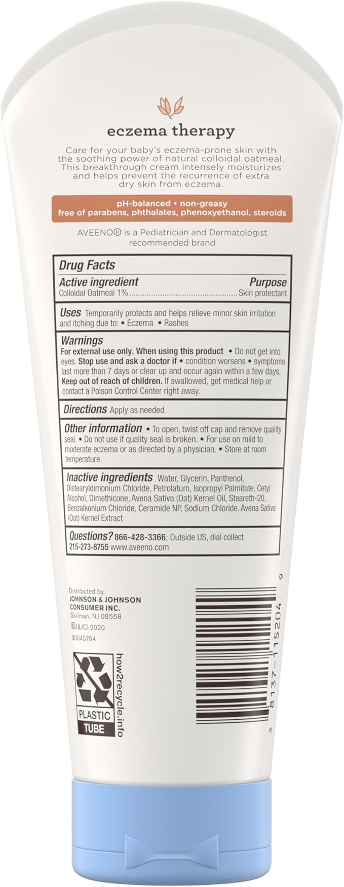 Aveeno Baby Eczema Therapy Moisturising Cream 206g tube with blue cap