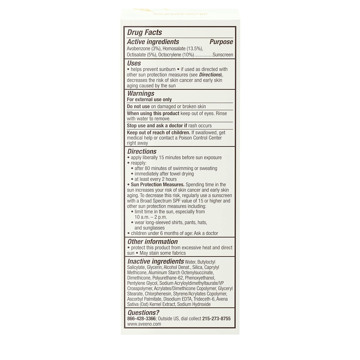 Aveeno Protect and Hydrate Sunscreen SPF 60 product label and ingredients information