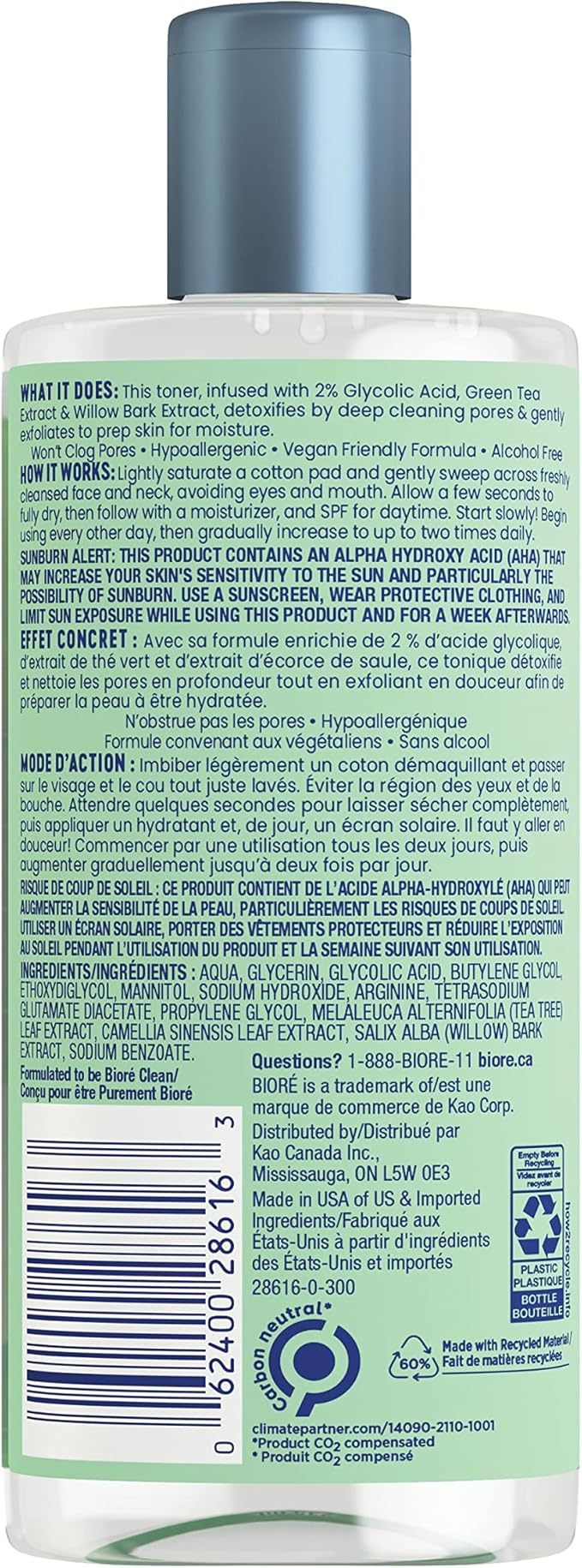 Bioré Clean Detox Toner 235 mL with glycolic acid and green tea extract