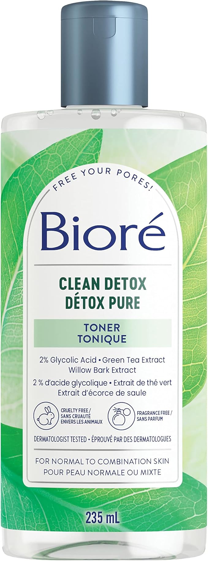 Bioré Clean Detox Toner 235ml bottle with blue cap and green leaf design