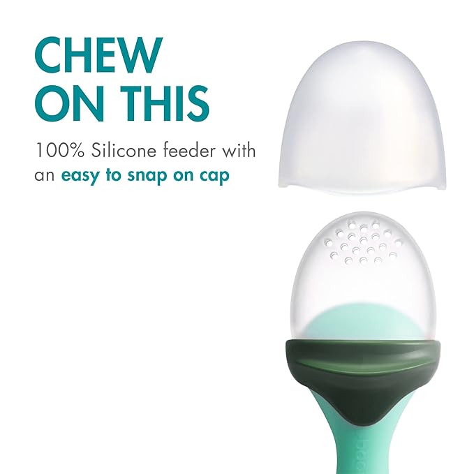 Boon Pulp silicone feeder with snap-on cap, mint green, six months plus