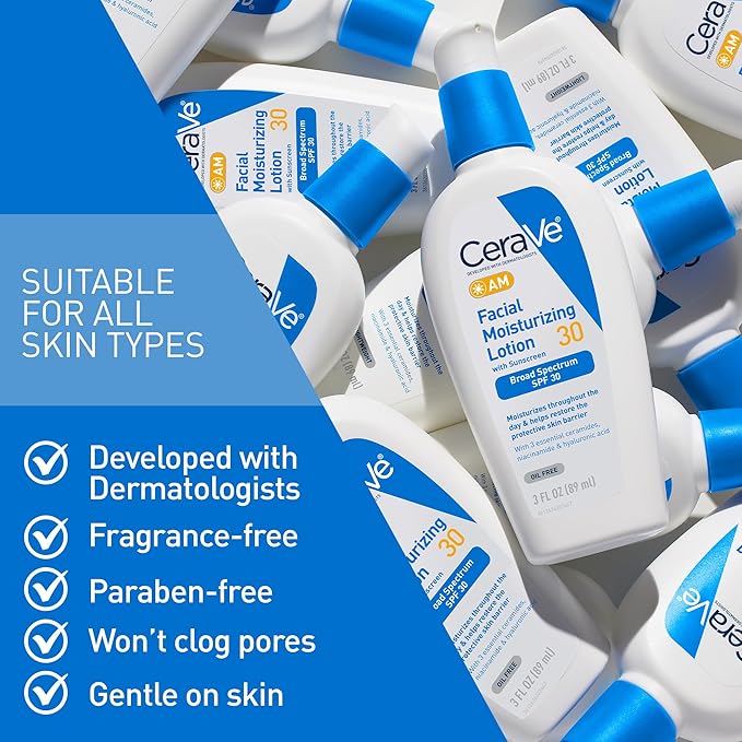 CeraVe AM Facial Moisturising Lotion SPF 30, 60ml bottle with blue cap