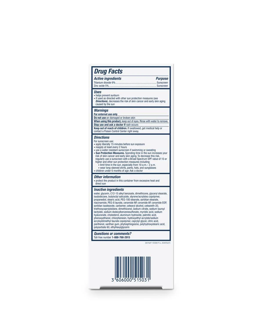 CeraVe Hydrating Mineral Sunscreen SPF 30, 75ml bottle back label with drug facts