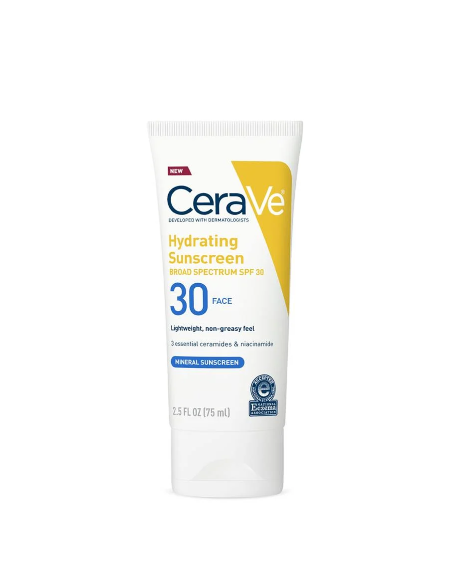 CeraVe Hydrating Mineral Sunscreen SPF 30 face 75ml tube white bottle with yellow stripe
