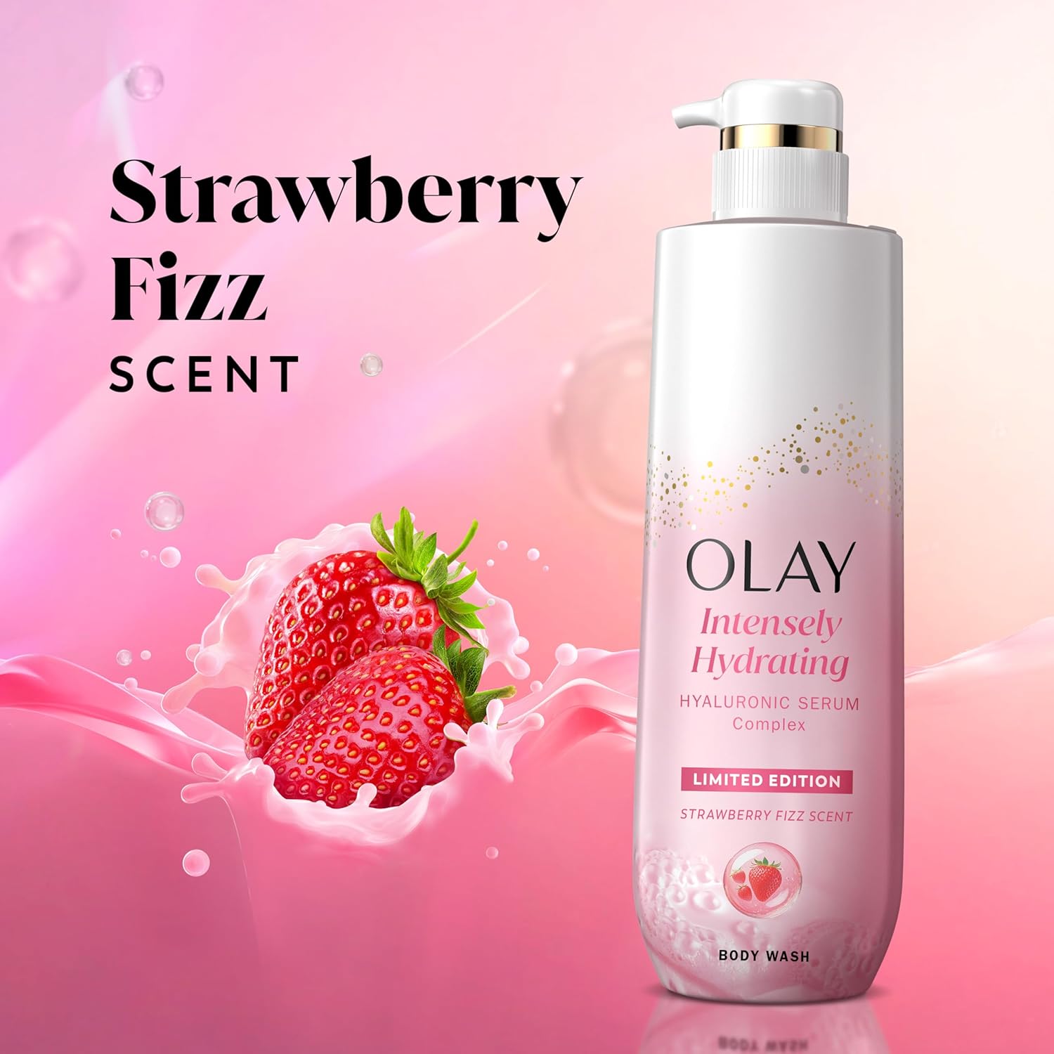 Olay Intensely Hydrating Body Wash with Hyaluronic Serum Complex, Strawberry Fizz, 20 fl oz pump bottle