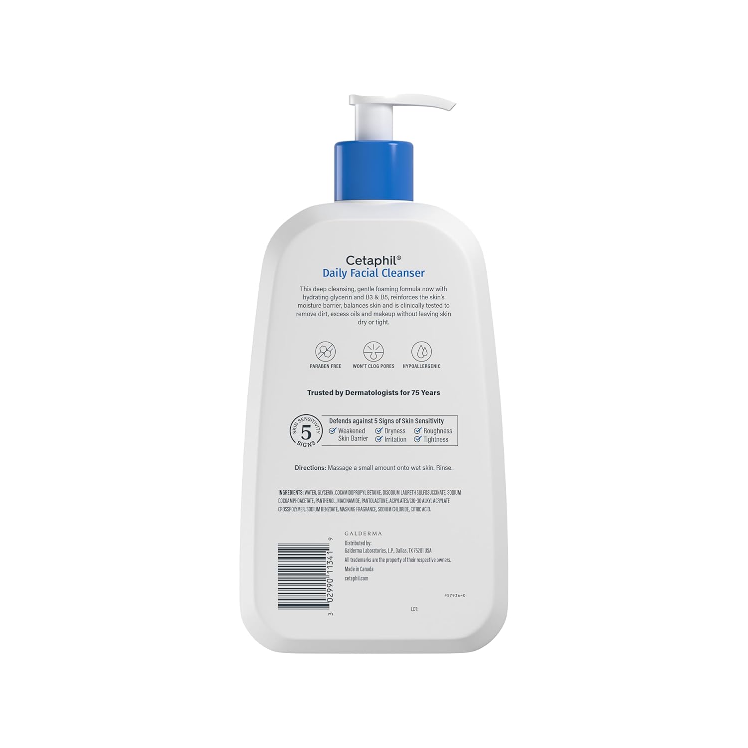 Cetaphil Daily Facial Cleanser sensitive skin 473ml pump bottle white