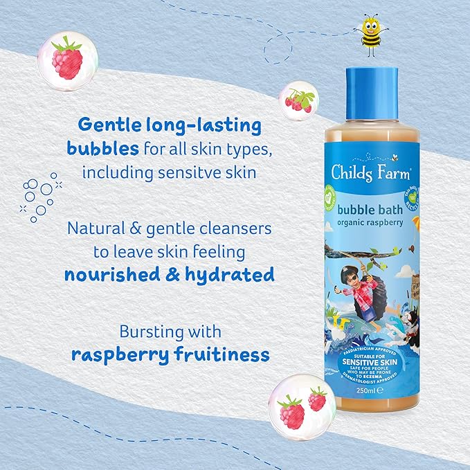 Childs Farm organic raspberry bubble bath 250ml bottle with blue cap