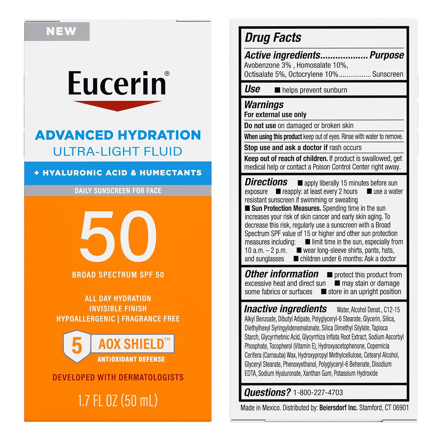 Eucerin Advanced Hydration Ultra-Light Fluid SPF 50 sunscreen, 1.7 fl oz bottle
