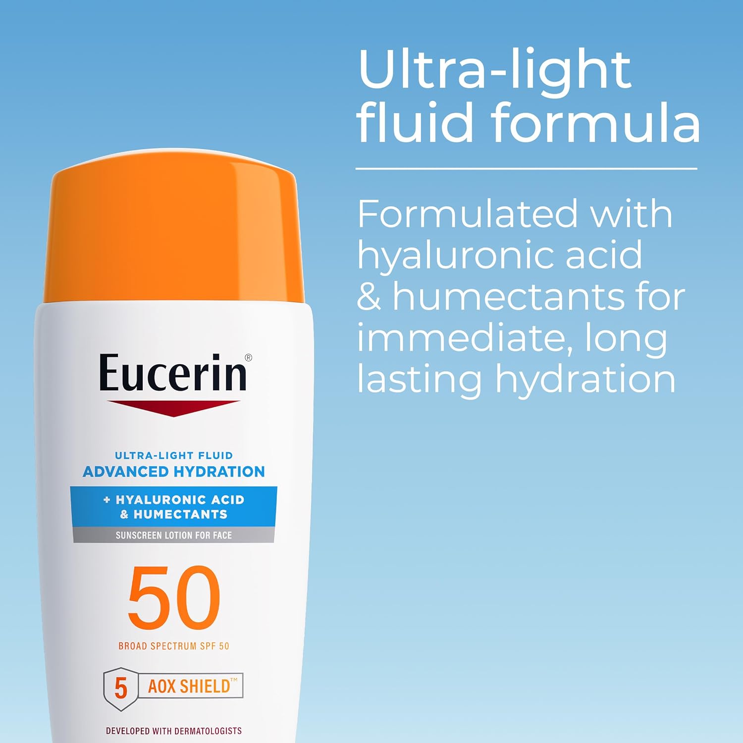 Eucerin Sun Advanced Hydration face lotion SPF 50, 1.7 fl oz bottle with orange cap