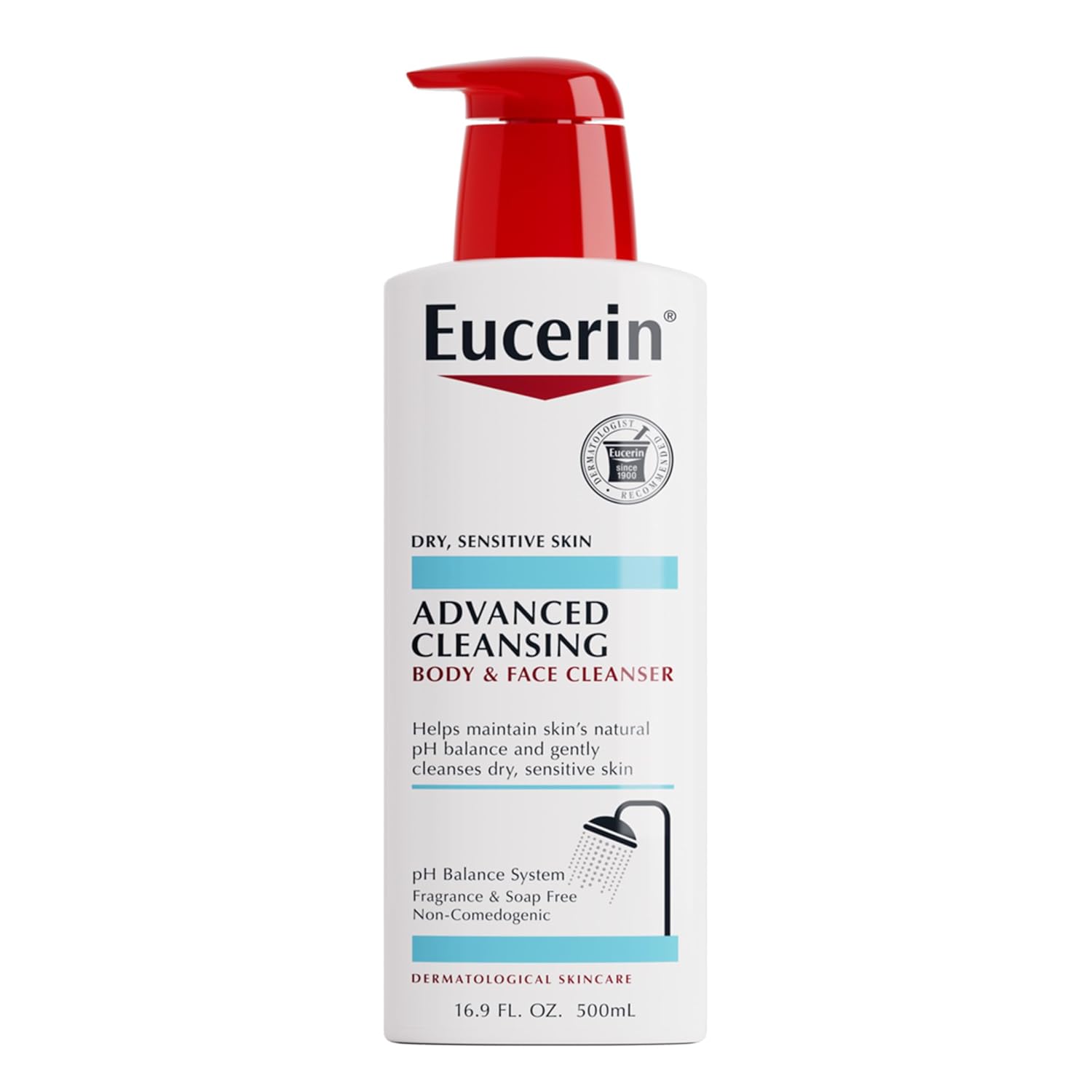 Eucerin Advanced Cleansing Body and Face Cleanser, 500ml pump bottle with red dispenser