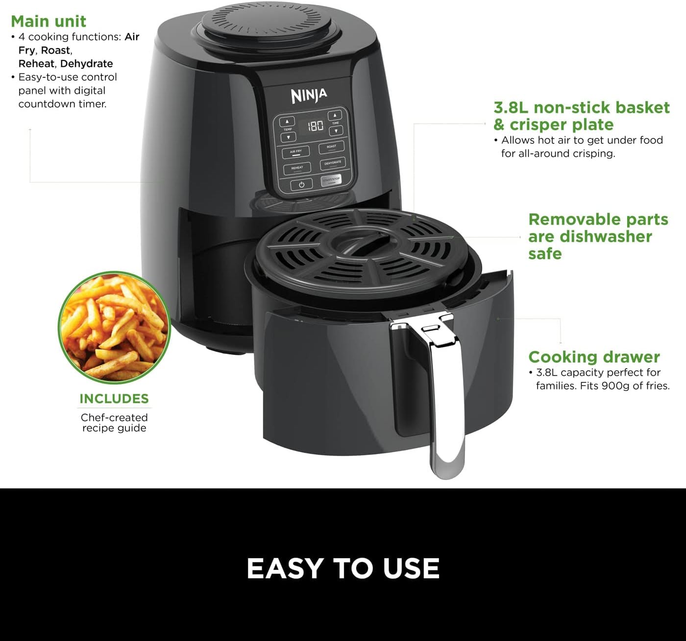 Ninja AF100UK black 3.8L air fryer and dehydrator with digital controls