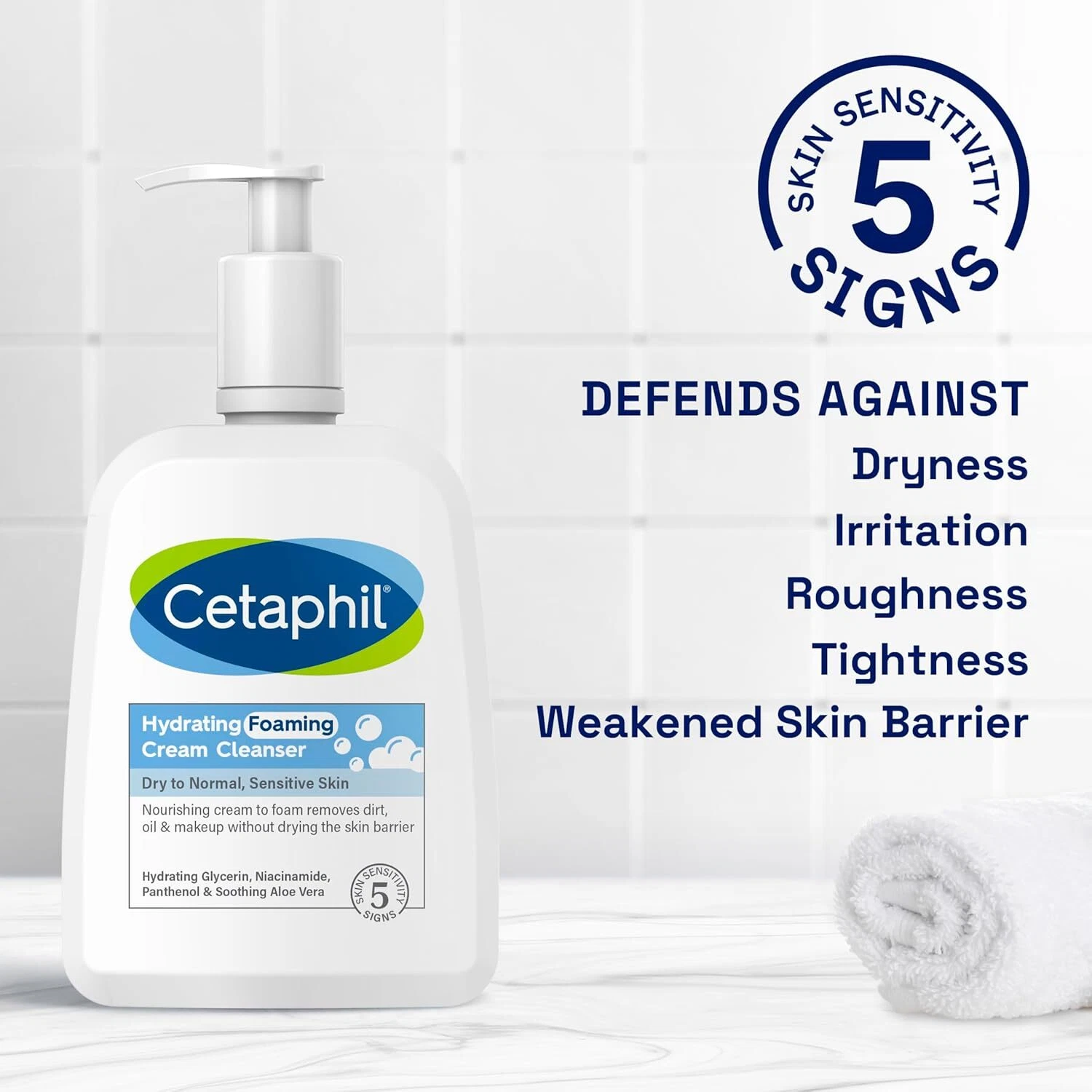 Cetaphil Hydrating Foaming Cream Cleanser 236ml white bottle with pump dispenser