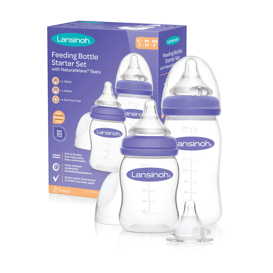 Lansinoh Feeding Bottle Starter Set with NaturaWave teats, purple and clear bottles