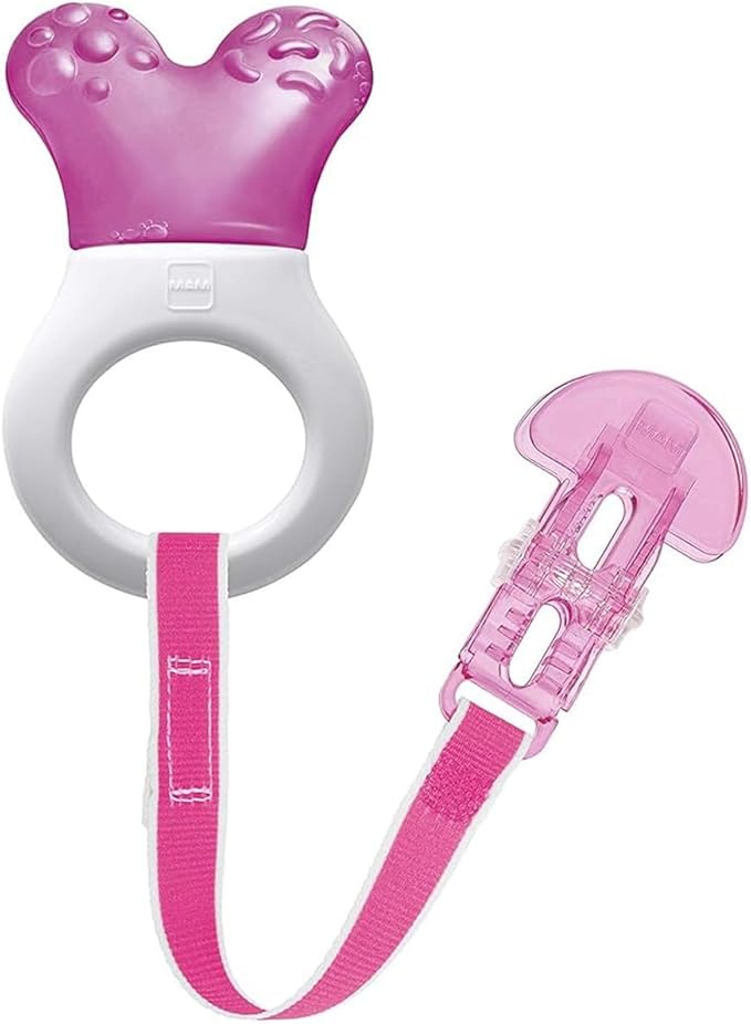 MAM Cooler Teether 4m+ pink and white with textured crown and strap