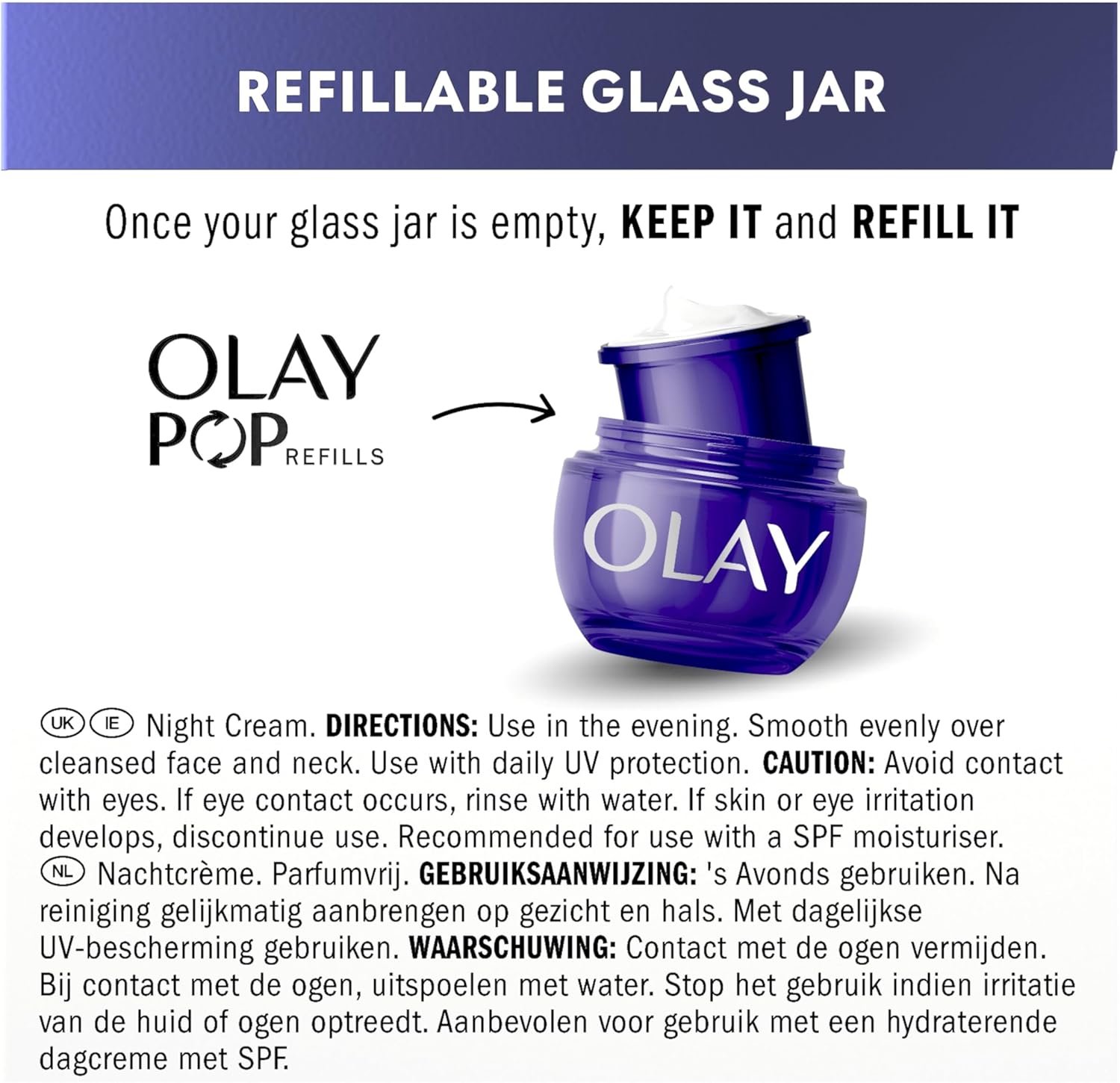 Olay Retinol 24 Night Cream 50ml purple glass jar with refillable pump lid