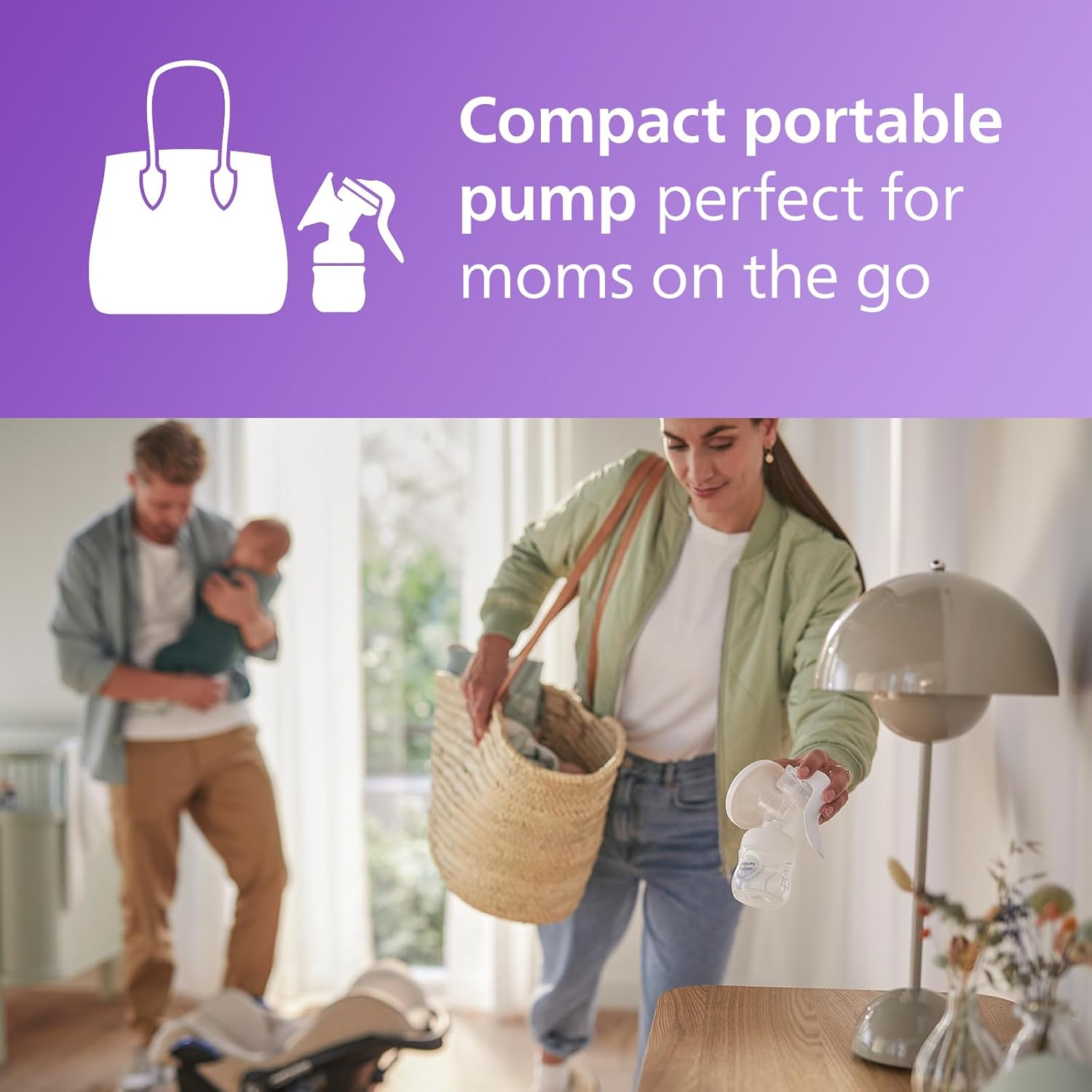 Philips Avent manual breast pump with collection bottle, clear plastic design
