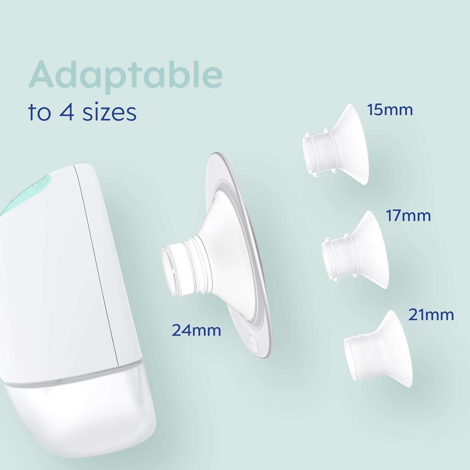MAM Move wearable breast pump single with four adaptable flange sizes