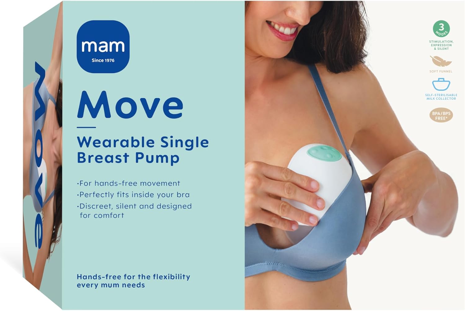 MAM Move wearable single breast pump with white and teal design
