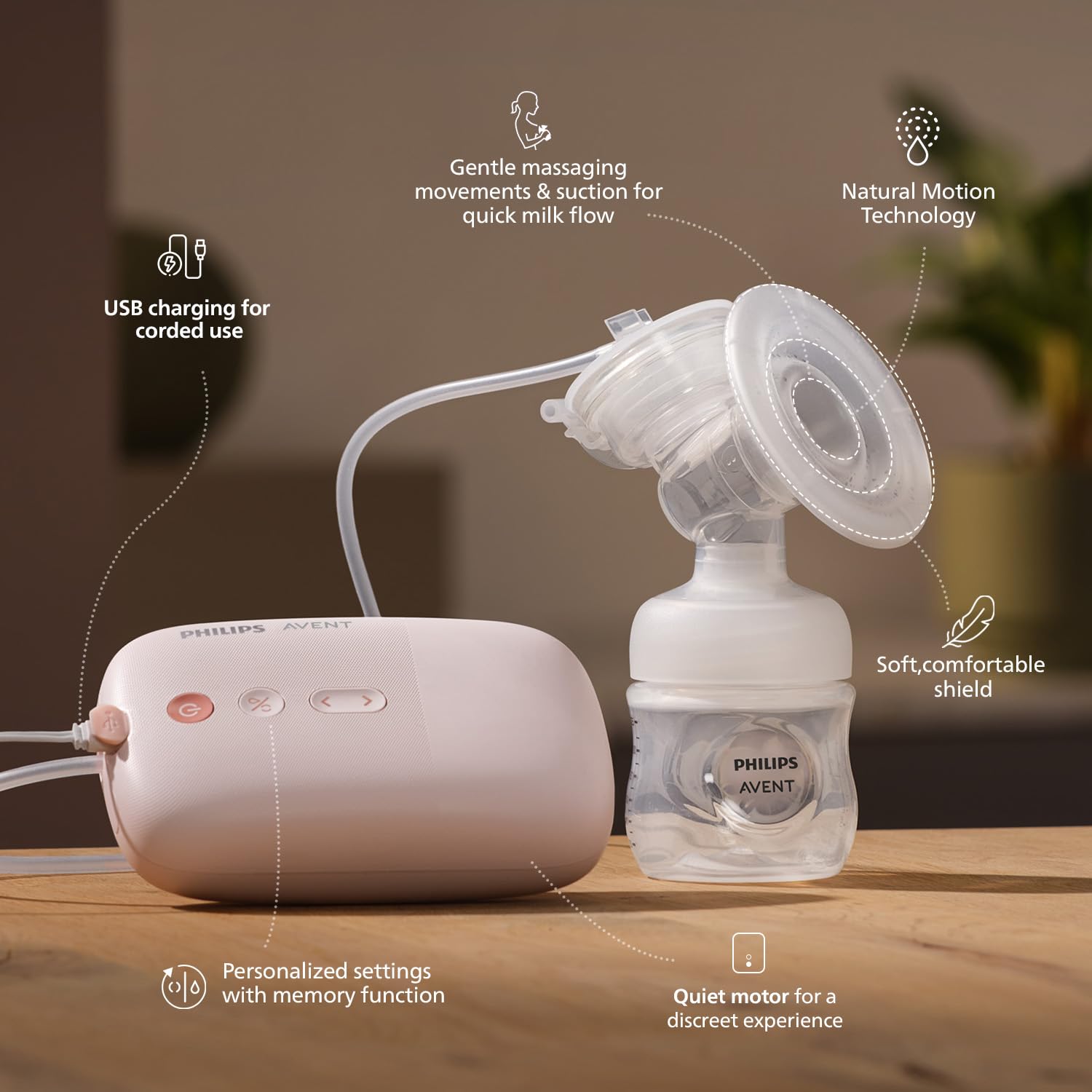 Philips Avent Comfort single electric breast pump, white, USB rechargeable with soft shield