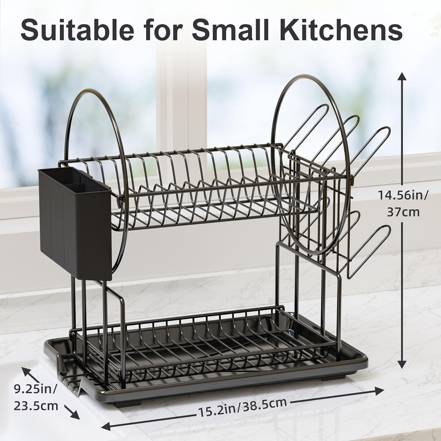 Belfry Kitchen Lovett black 2 tier dish rack with drainboard and utensil holder