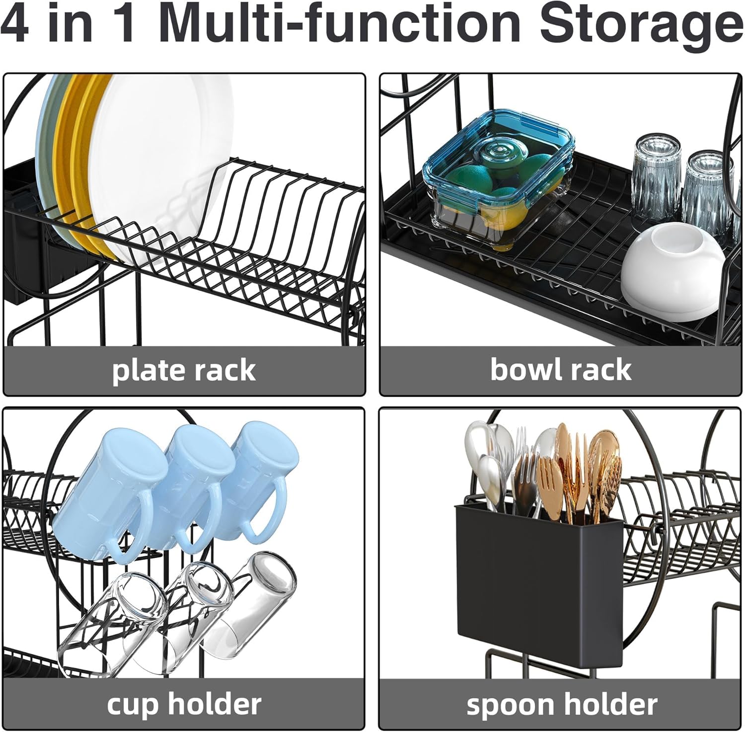 Belfry Kitchen Lovett black two tier dish rack with plate and bowl storage