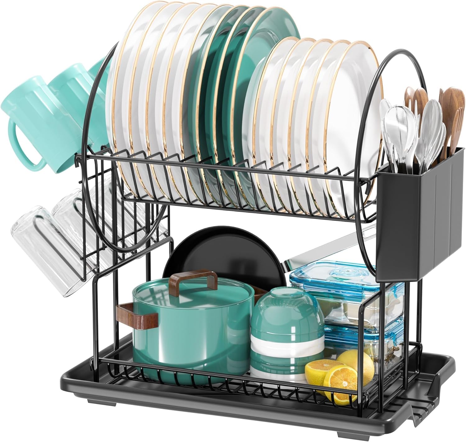 Belfry Kitchen Lovett black two tier dish rack with turquoise accessories