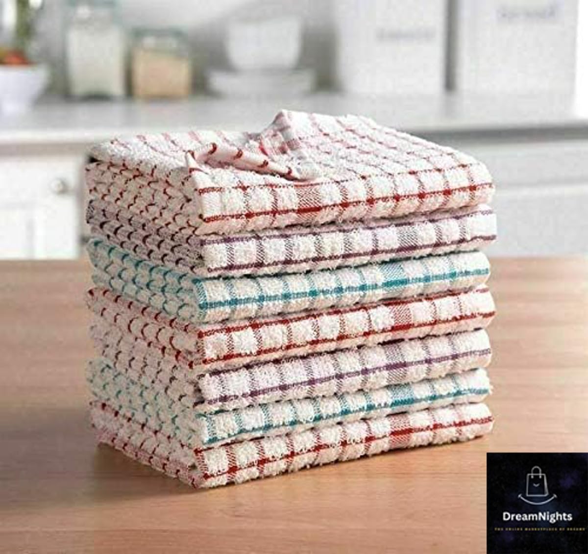 White Pearl Terry Check tea towels 100% cotton red and white check pattern