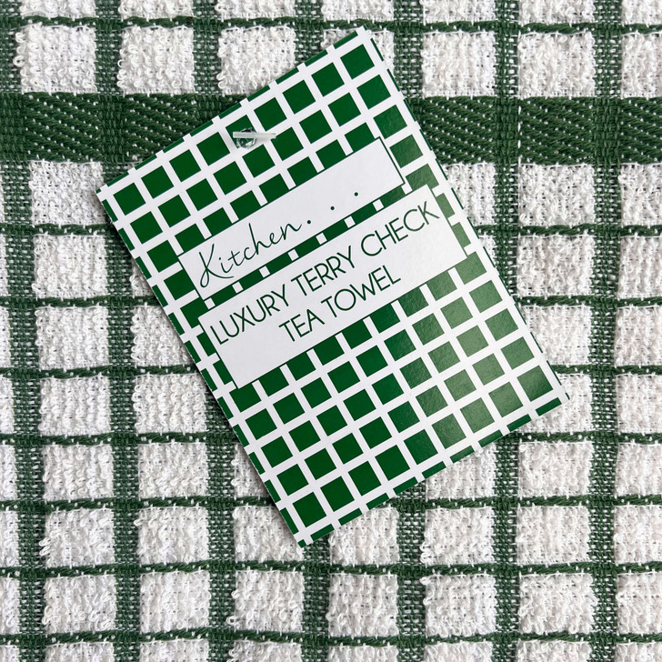White Pearl Luxury Terry Check tea towel, green and white check cotton