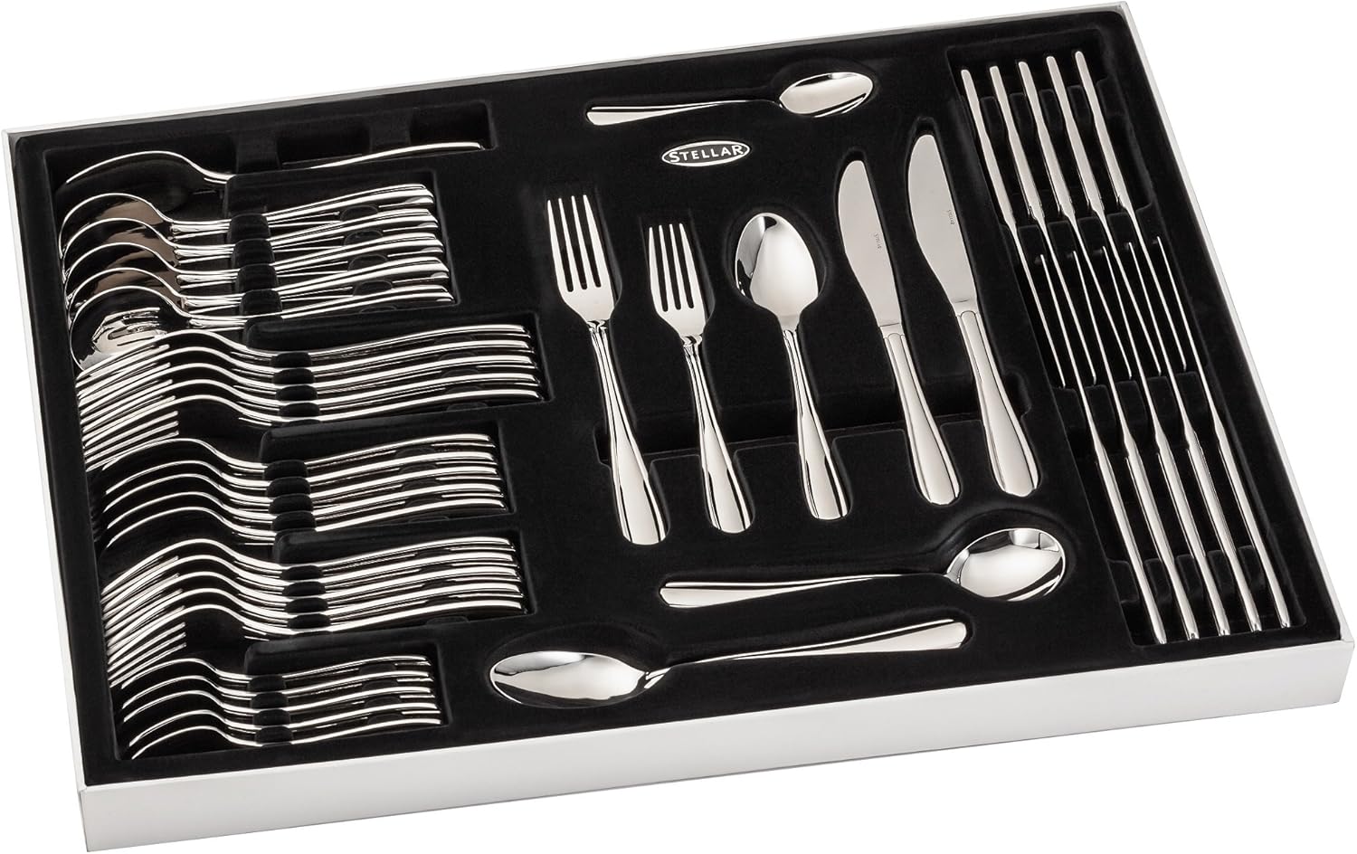 Stellar Buckingham stainless steel cutlery set with forks, knives, spoons in black case