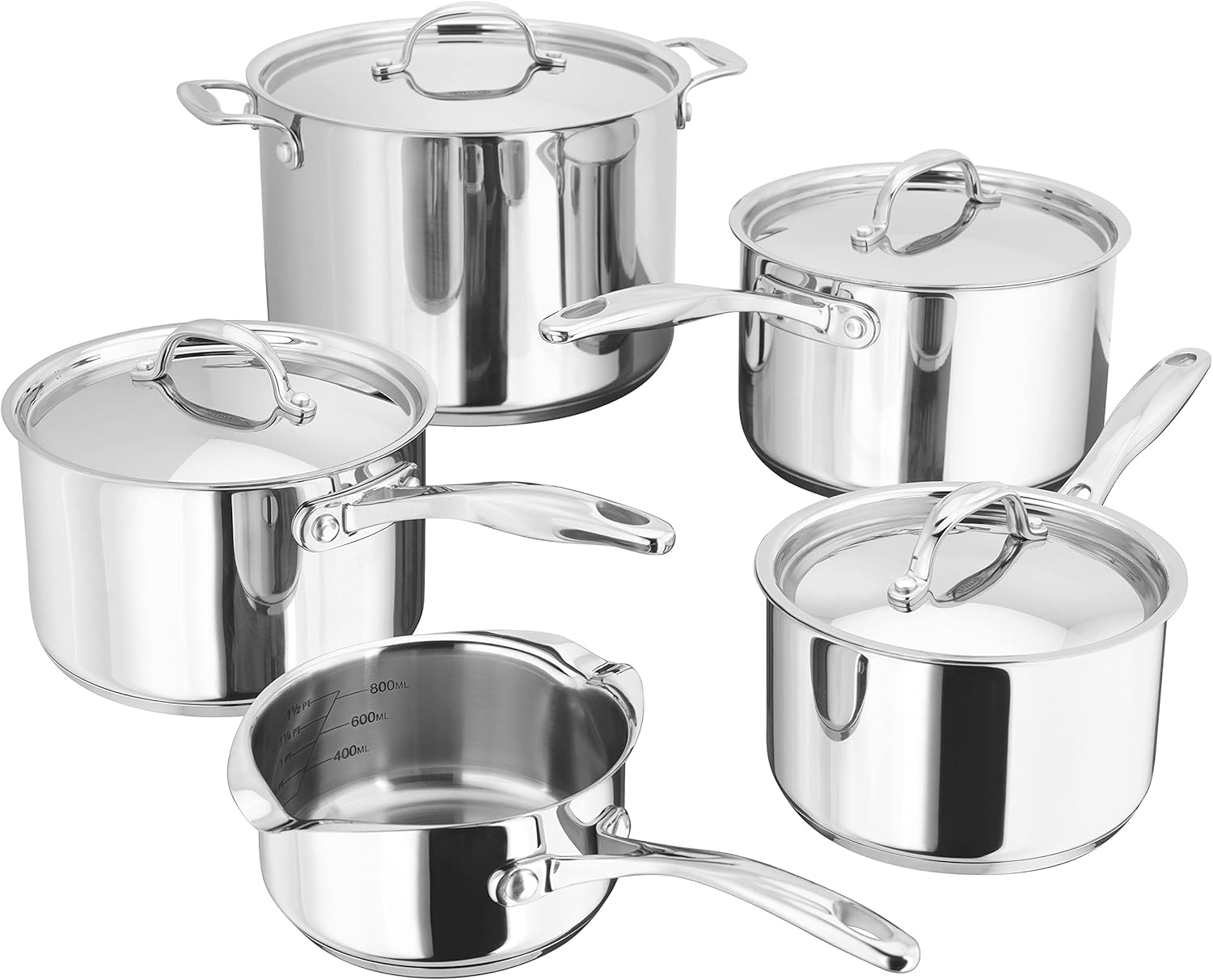 Stellar S7F4 set of 5 stainless steel pans with lids and handles