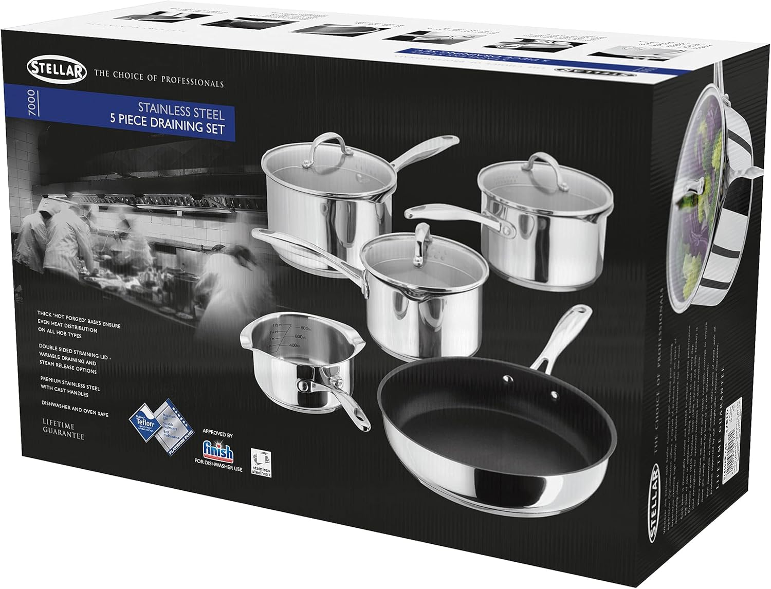 Stellar 7000 stainless steel 5-piece draining saucepan set with strainer lids