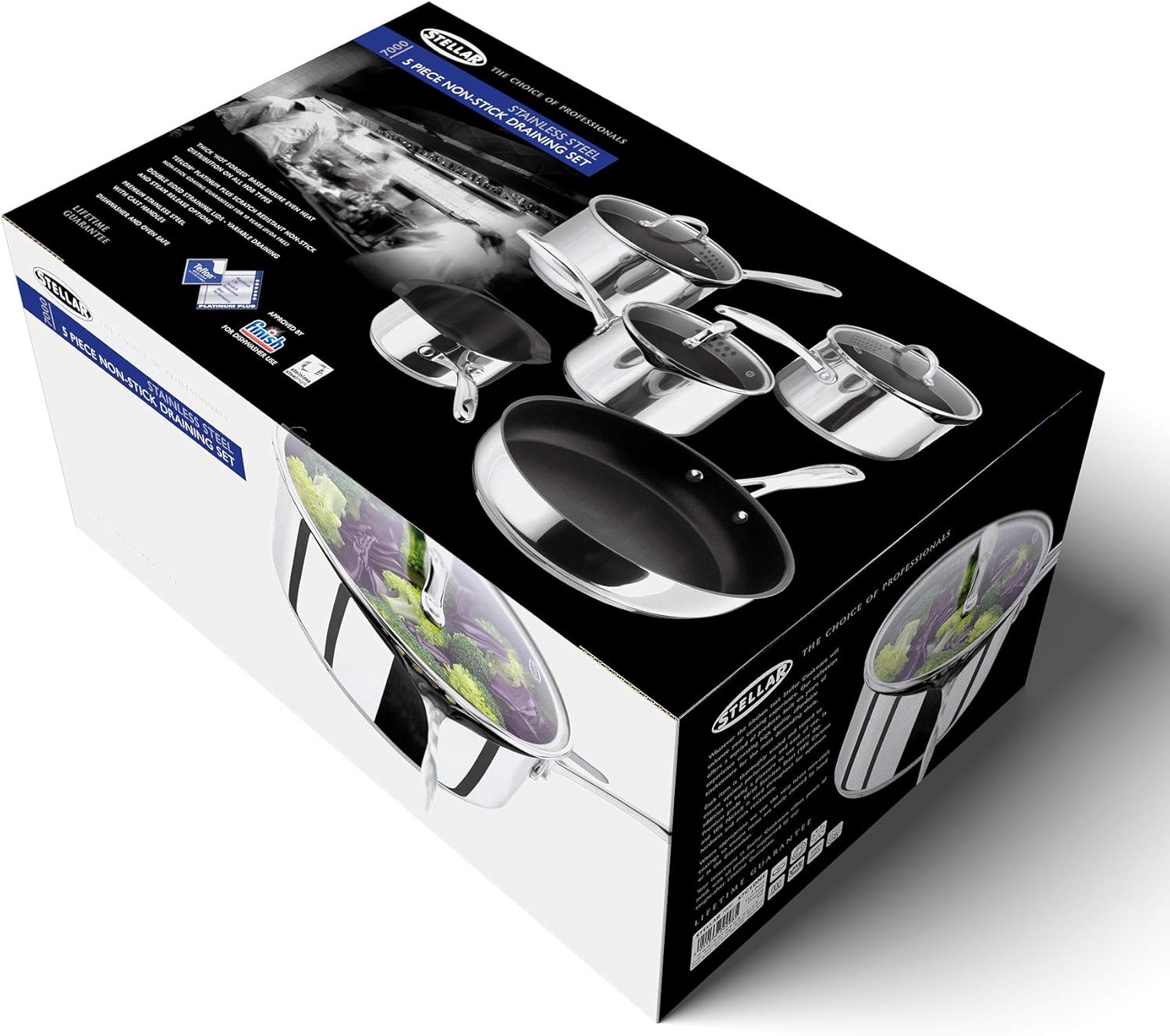 Stellar 7000 five-piece stainless steel non-stick cookware set with draining saucepans