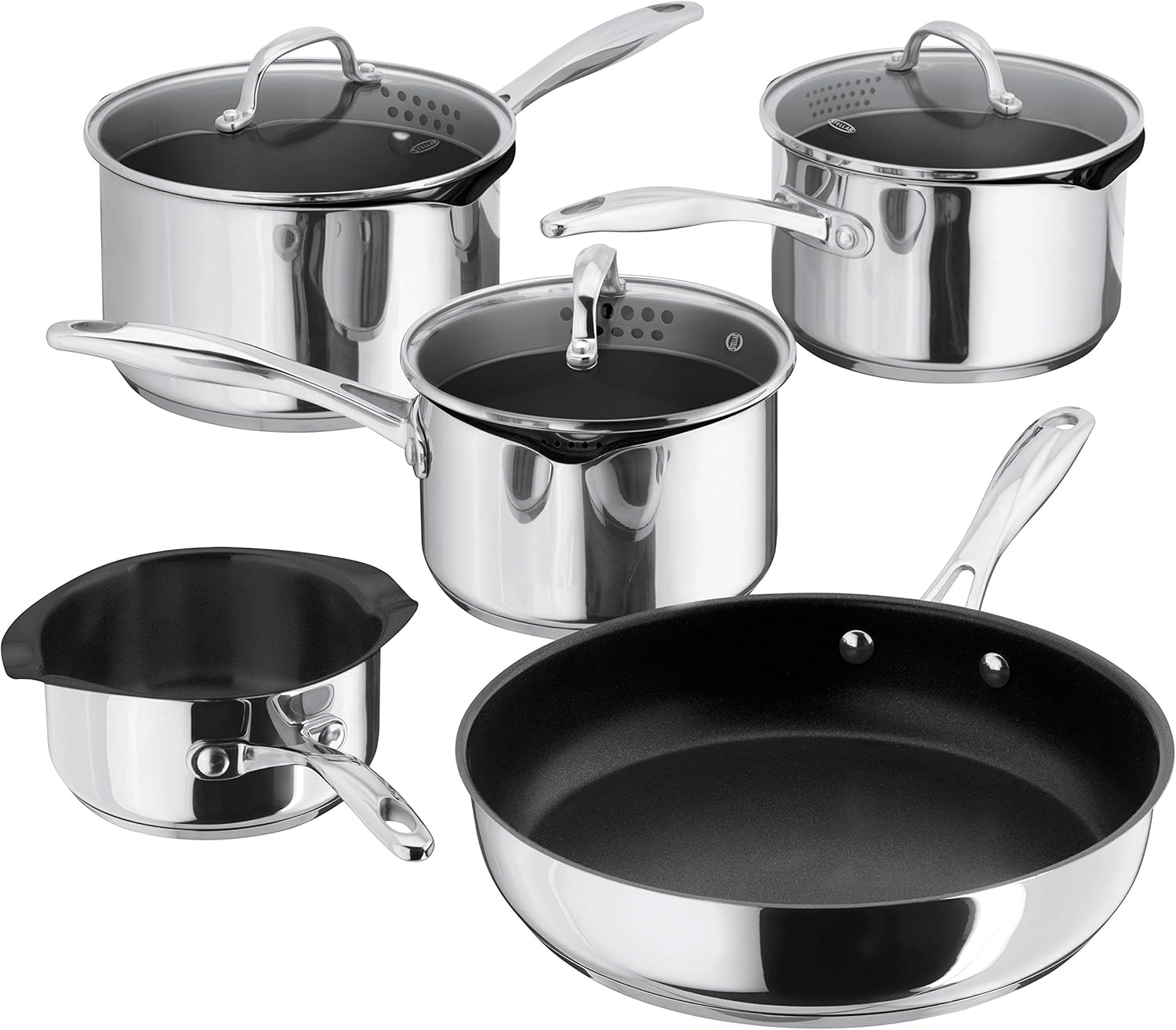 Stellar 7000 stainless steel non-stick cookware set with five pans and lids