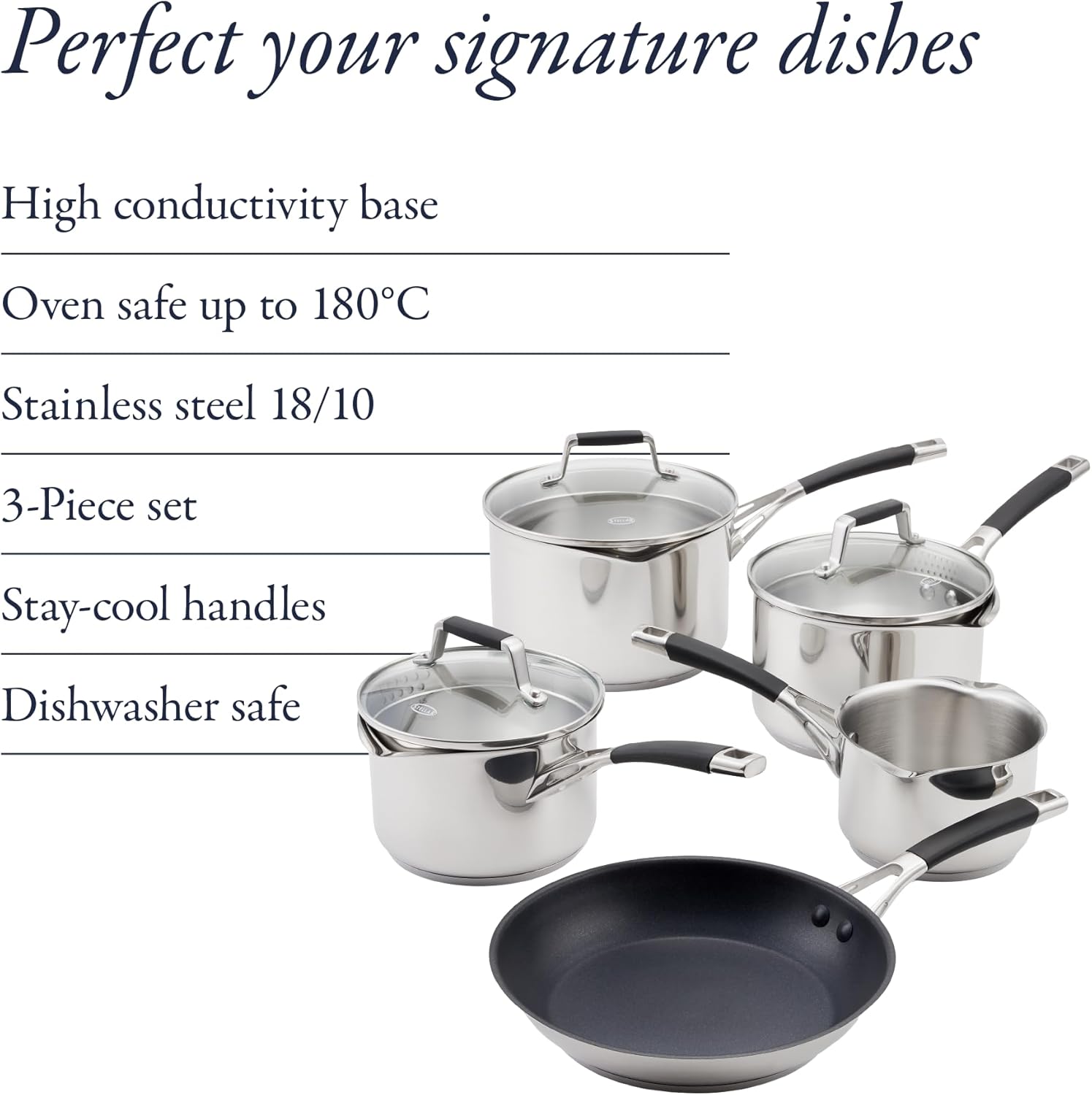 Stellar Profile S7C4D stainless steel 5-piece draining saucepan set with lids