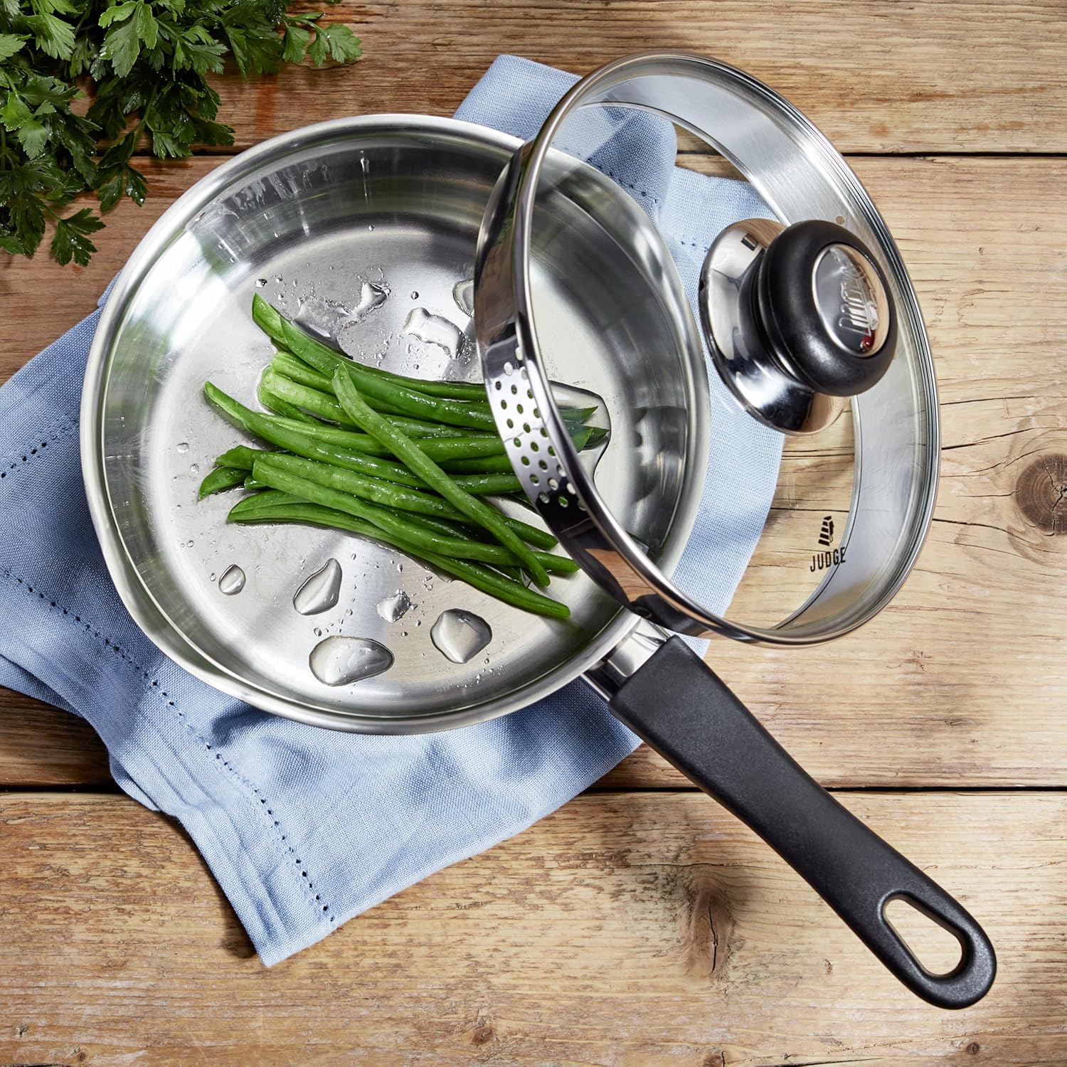 Judge Vista stainless steel draining pan with glass lid and black handle