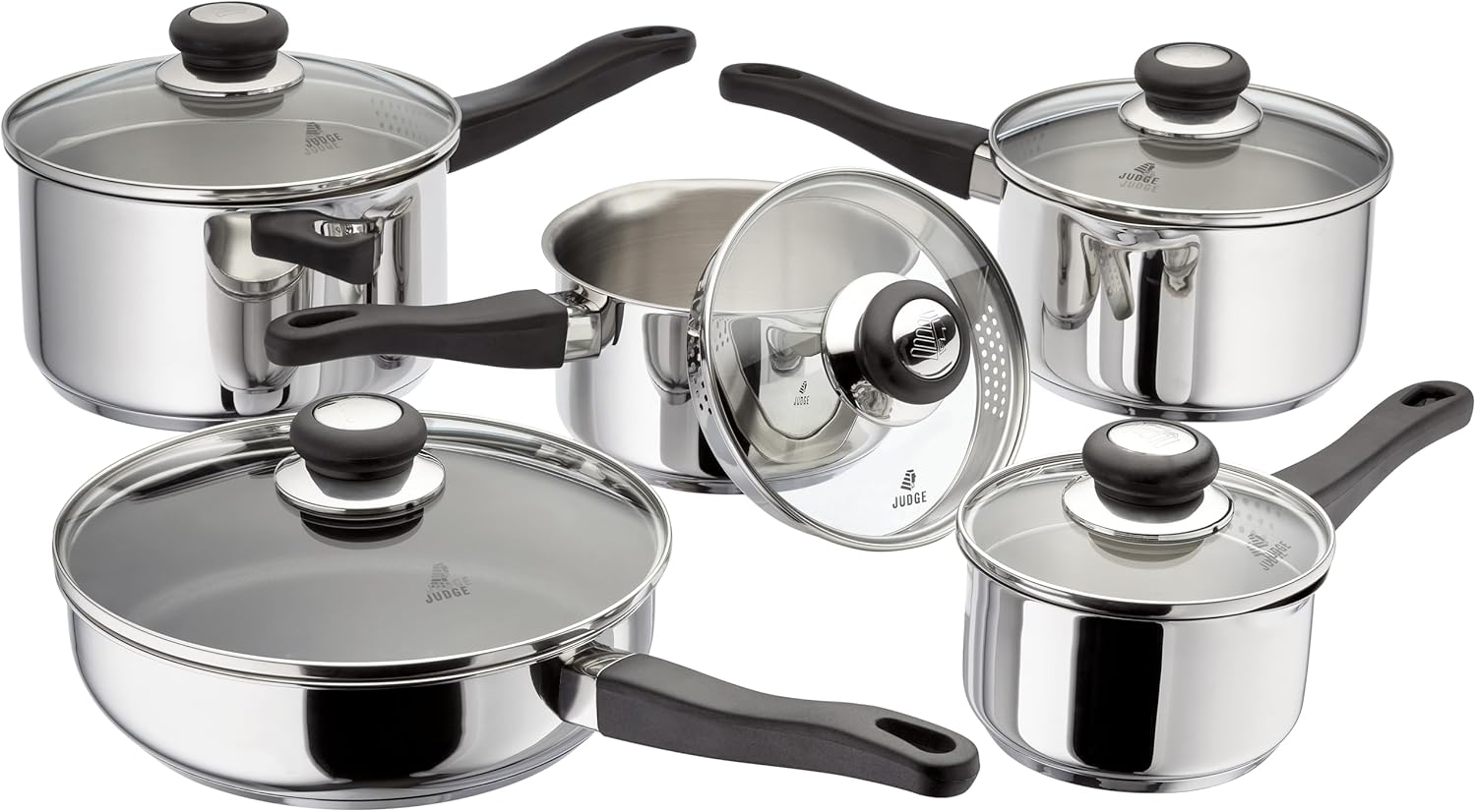 Judge Vista Draining stainless steel cookware set of five pans with lids