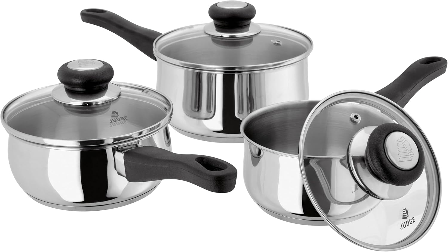 Judge Essentials stainless steel 3-piece saucepan set with glass lids