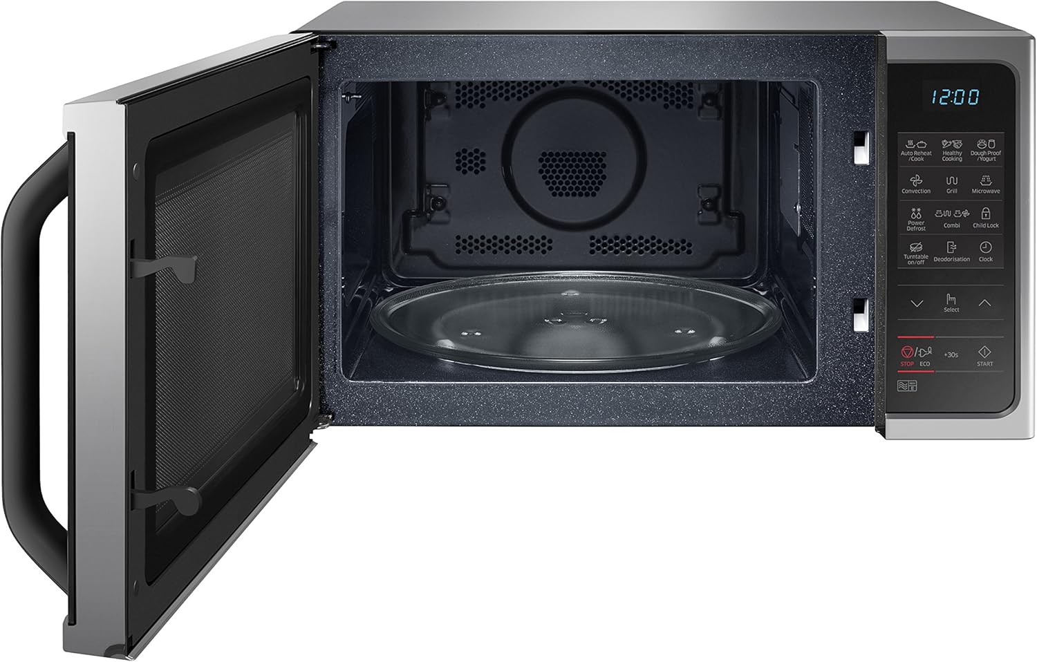Samsung MC28H5013AS 28-litre combination microwave with silver finish and open door