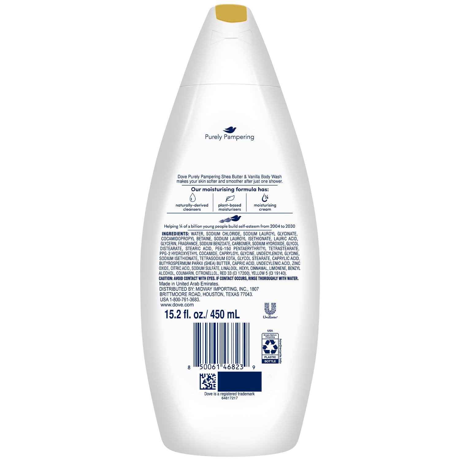 Dove Purely Pampering Shea Butter and Vanilla Body Wash 450ml bottle with gold cap