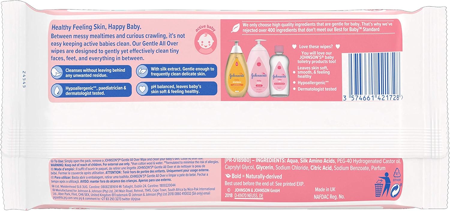 Johnson's Gentle All Over Wipes baby cleansing wipes pack front view