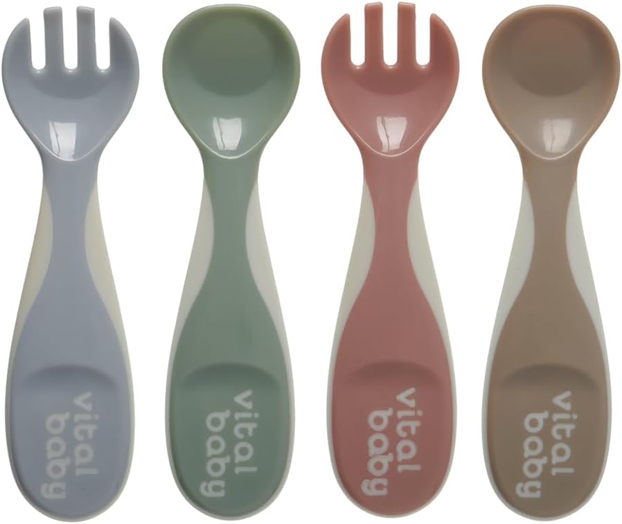 Vital Baby Nourish Chunky Feeding Spoons set of four in grey, green, pink and brown
