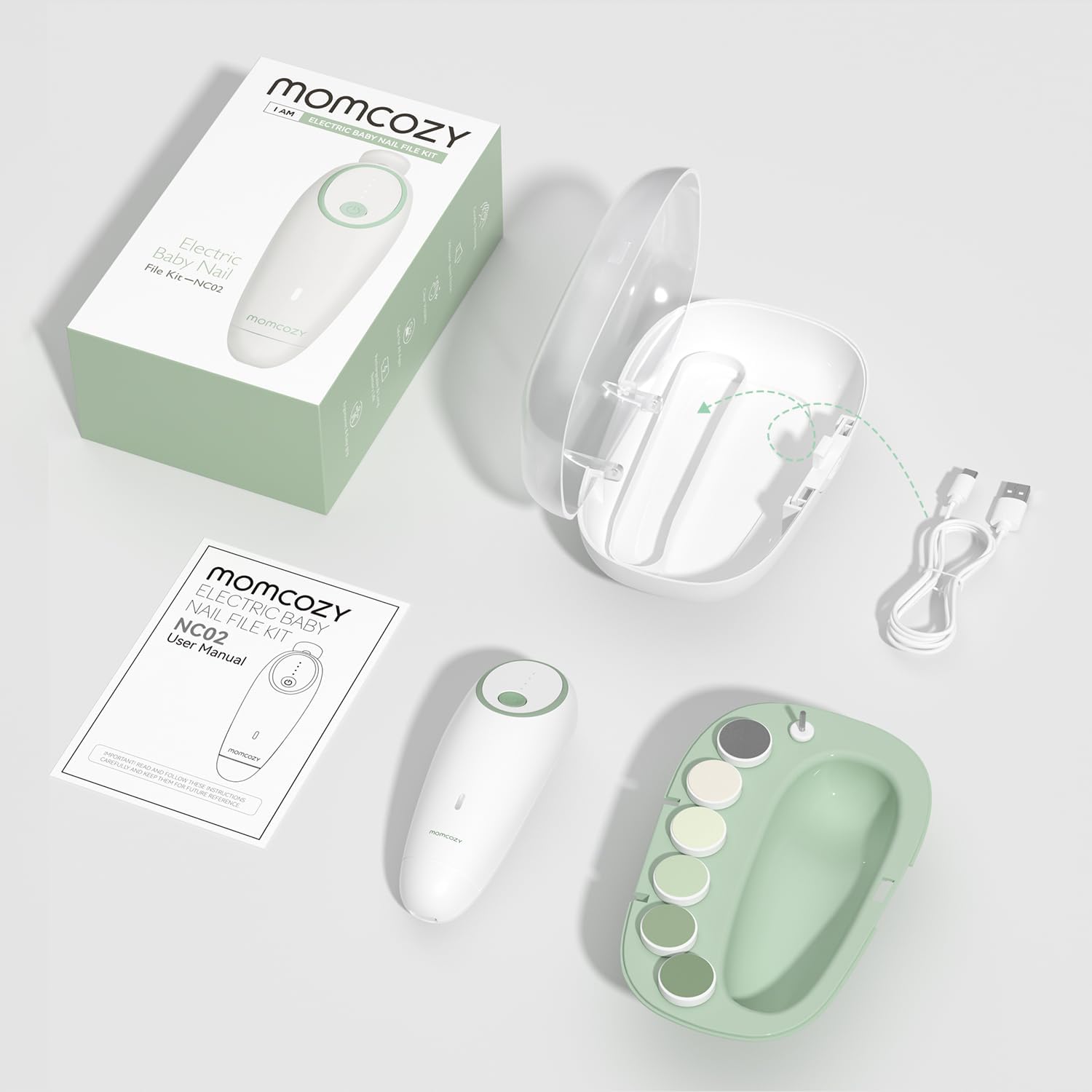 Momcozy Gentle Baby Electric Nail Trimmer / File Kit in White/Green