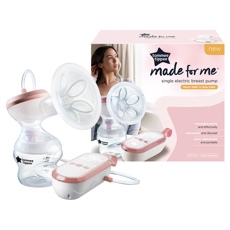 Tommee Tippee Made For Me single electric breast pump with portable white and pink motor unit