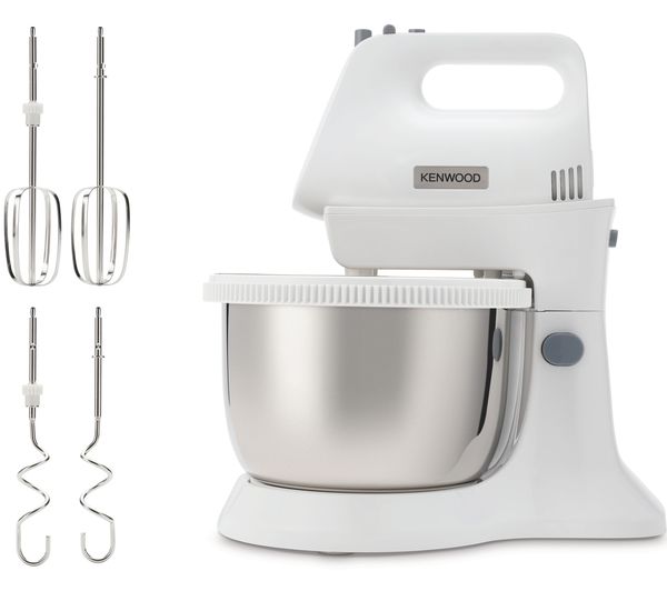 Kenwood HMP30 silver electric hand mixer with bowl and four attachments