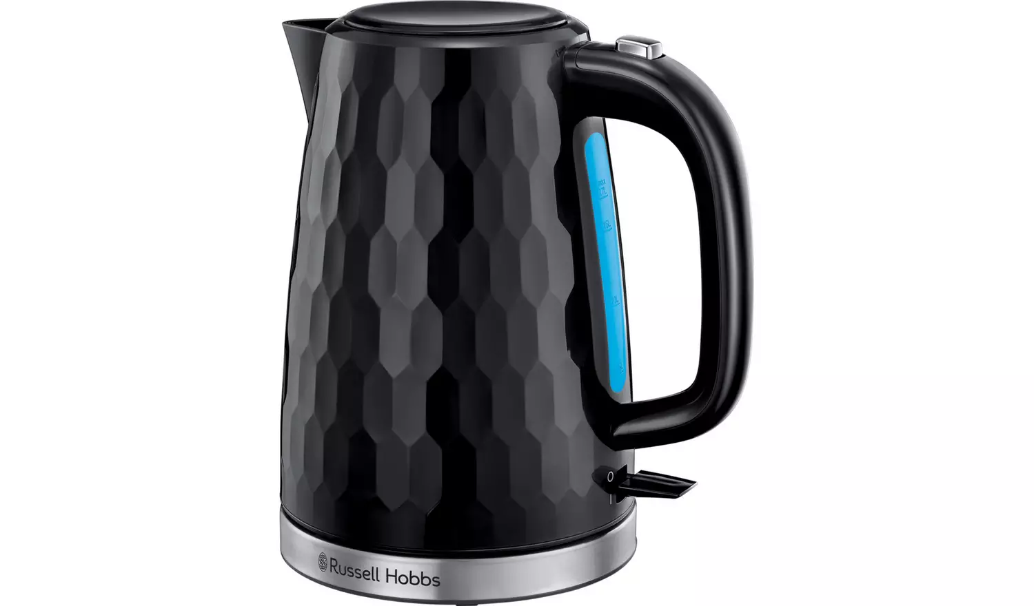 Russell Hobbs Honeycomb black plastic kettle with blue water level indicator
