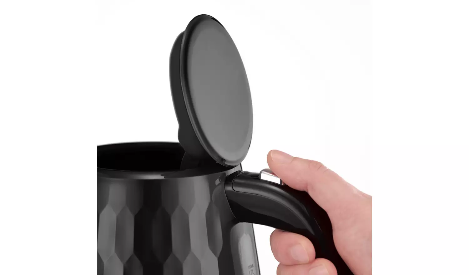 Russell Hobbs Honeycomb black plastic kettle with lid open detail view