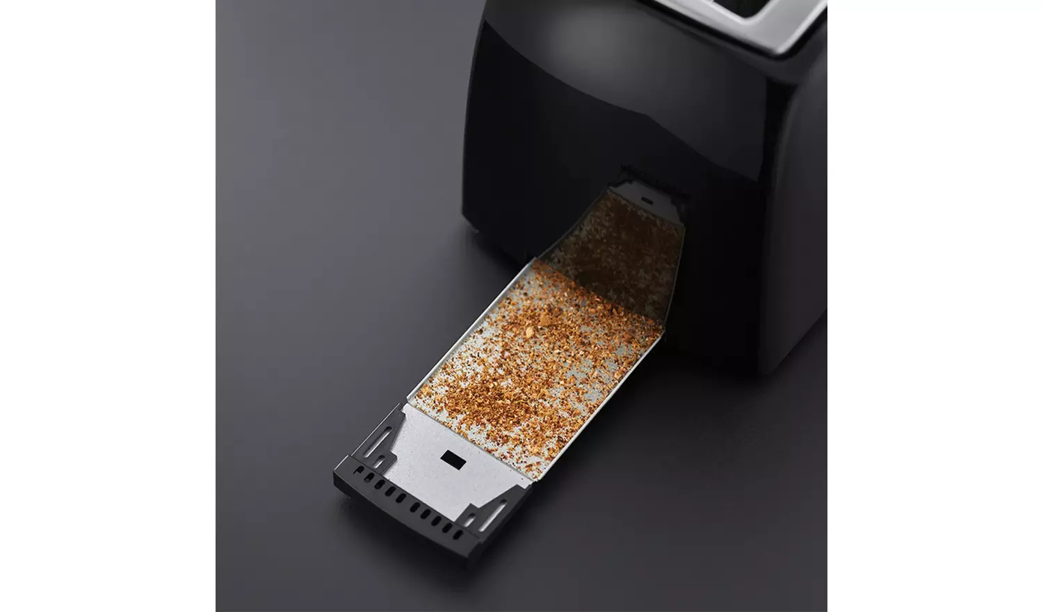 Russell Hobbs Textures black two slice toaster with crumb tray open
